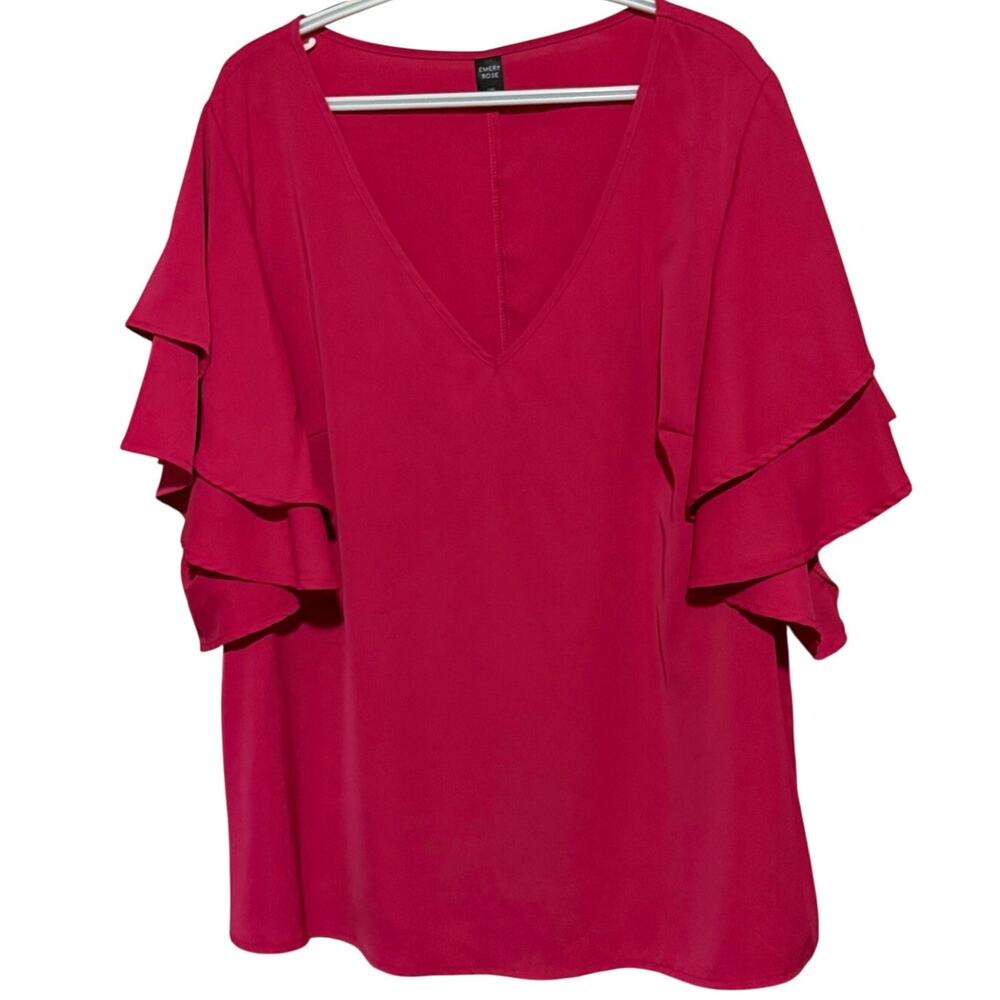 Emery Rose Women's Magenta Tiered Fluttered Short Sleeve V-Neck Blouse Size 4XL